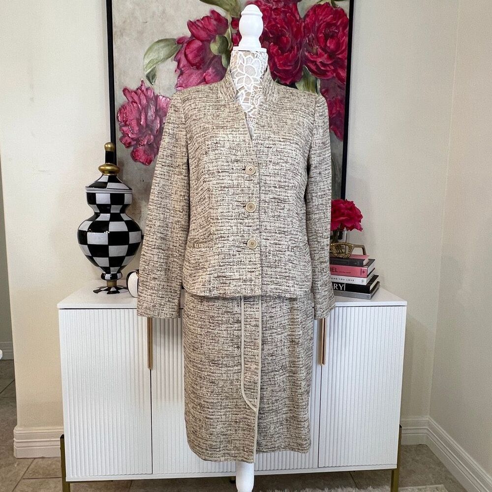 Lafayette 148 New York Tweed Sheath Dress & Blazer Matching Set Beige Size 12